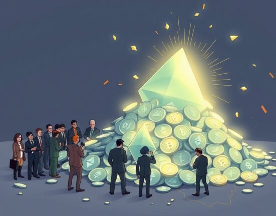 A cartoon illustration showing significant Ethereum holdings being accumulated by corporate treasuries and investment funds, highlighting institutional interest.