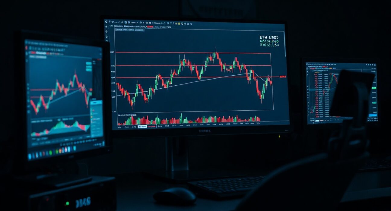 Ethereum price chart on a trading monitor showing a downward trend below $1,900
