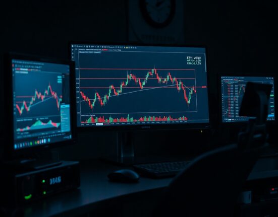 Ethereum price chart on a trading monitor showing a downward trend below $1,900