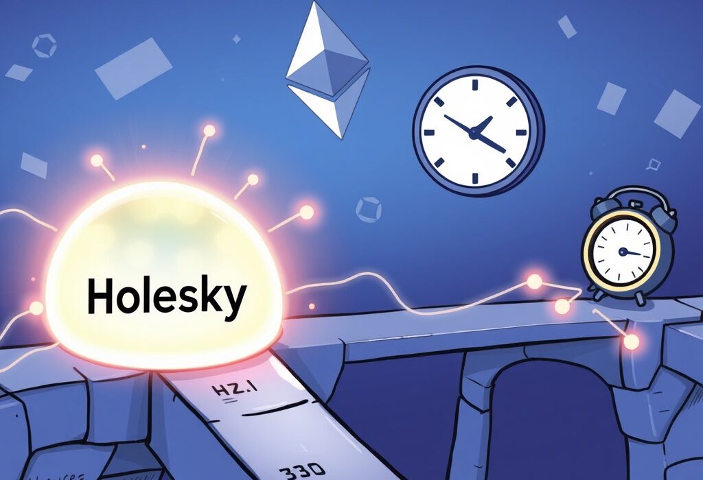 A vibrant cartoon showing the migration from Ethereum Holesky testnet to a new network, symbolizing the upcoming shutdown.