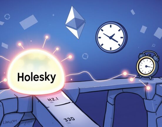 A vibrant cartoon showing the migration from Ethereum Holesky testnet to a new network, symbolizing the upcoming shutdown.