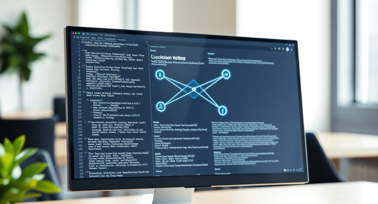 Ethereum co-founder Vitalik Buterin discusses hybrid scaling model on a computer screen with network diagrams