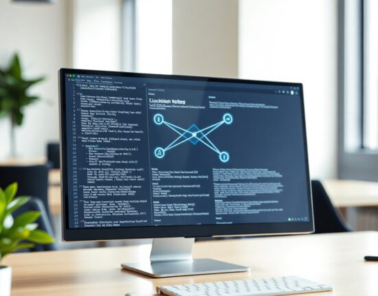 Ethereum co-founder Vitalik Buterin discusses hybrid scaling model on a computer screen with network diagrams