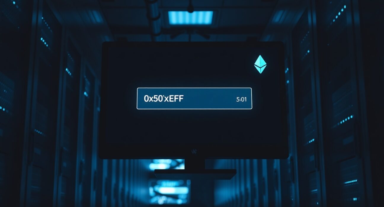 Glowing computer monitor in a data center showing a blockchain transaction of 50 ETH from a long-dormant Ethereum ICO wallet.