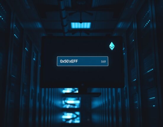 Glowing computer monitor in a data center showing a blockchain transaction of 50 ETH from a long-dormant Ethereum ICO wallet.