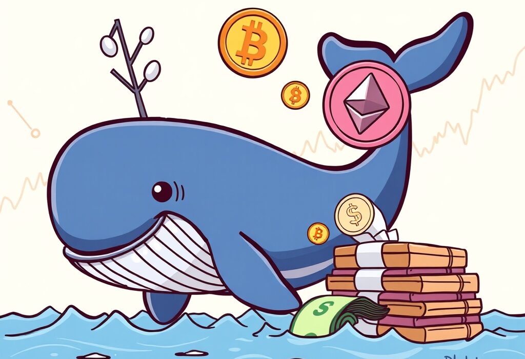 A cartoon whale completing a large Ethereum transaction, symbolizing an Ethereum ICO participant's significant ETH sale.