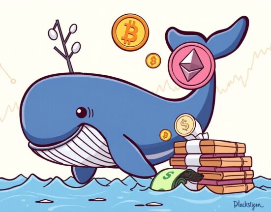 A cartoon whale completing a large Ethereum transaction, symbolizing an Ethereum ICO participant's significant ETH sale.