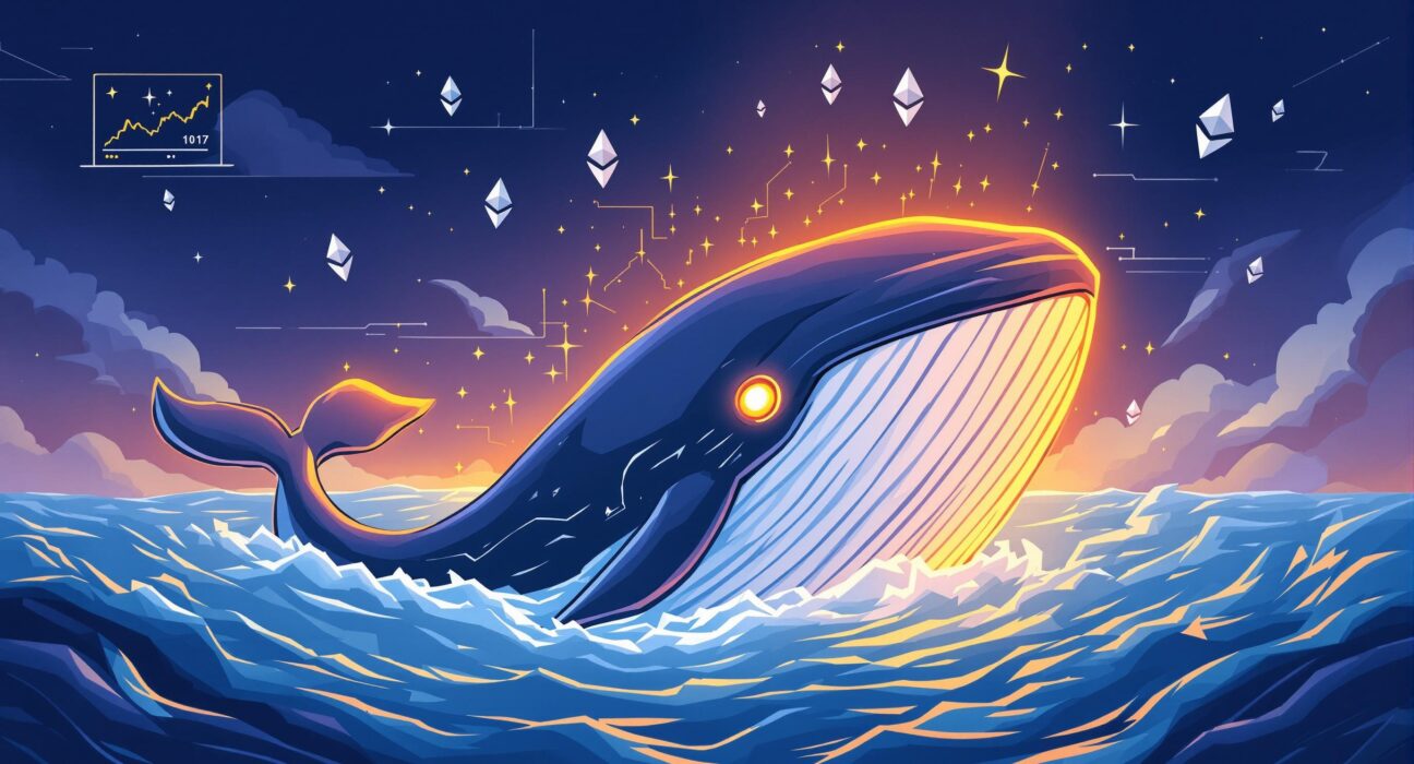 A digital illustration of a large Ethereum ICO whale moving funds, symbolizing significant cryptocurrency activity and the awakening of dormant assets.