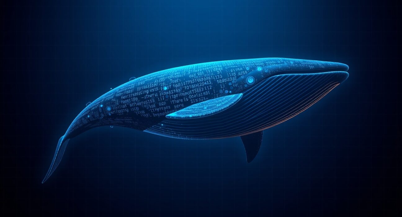 Digital whale swimming through Ethereum blockchain data representing a large crypto transaction