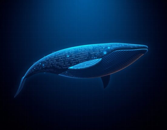 Digital whale swimming through Ethereum blockchain data representing a large crypto transaction
