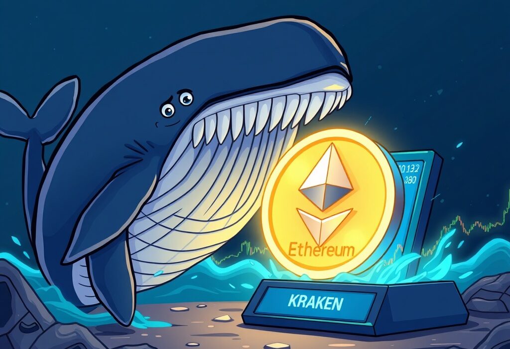 A cartoon Ethereum ICO whale making a significant ETH deposit to Kraken, signaling potential market shifts.