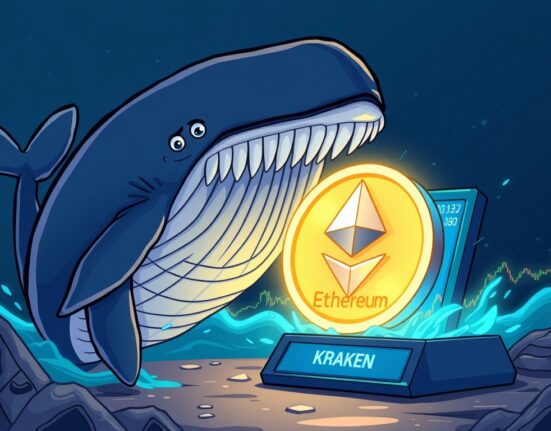 A cartoon Ethereum ICO whale making a significant ETH deposit to Kraken, signaling potential market shifts.
