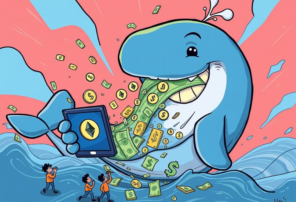 Cartoon whale offloading Ethereum, symbolizing an Ethereum ICO whale's significant ETH sales impacting the crypto market.