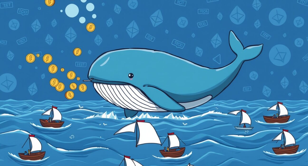 A cartoon illustration of an Ethereum ICO whale selling ETH, impacting the crypto market dynamics.