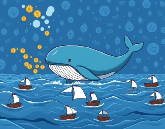 A cartoon illustration of an Ethereum ICO whale selling ETH, impacting the crypto market dynamics.