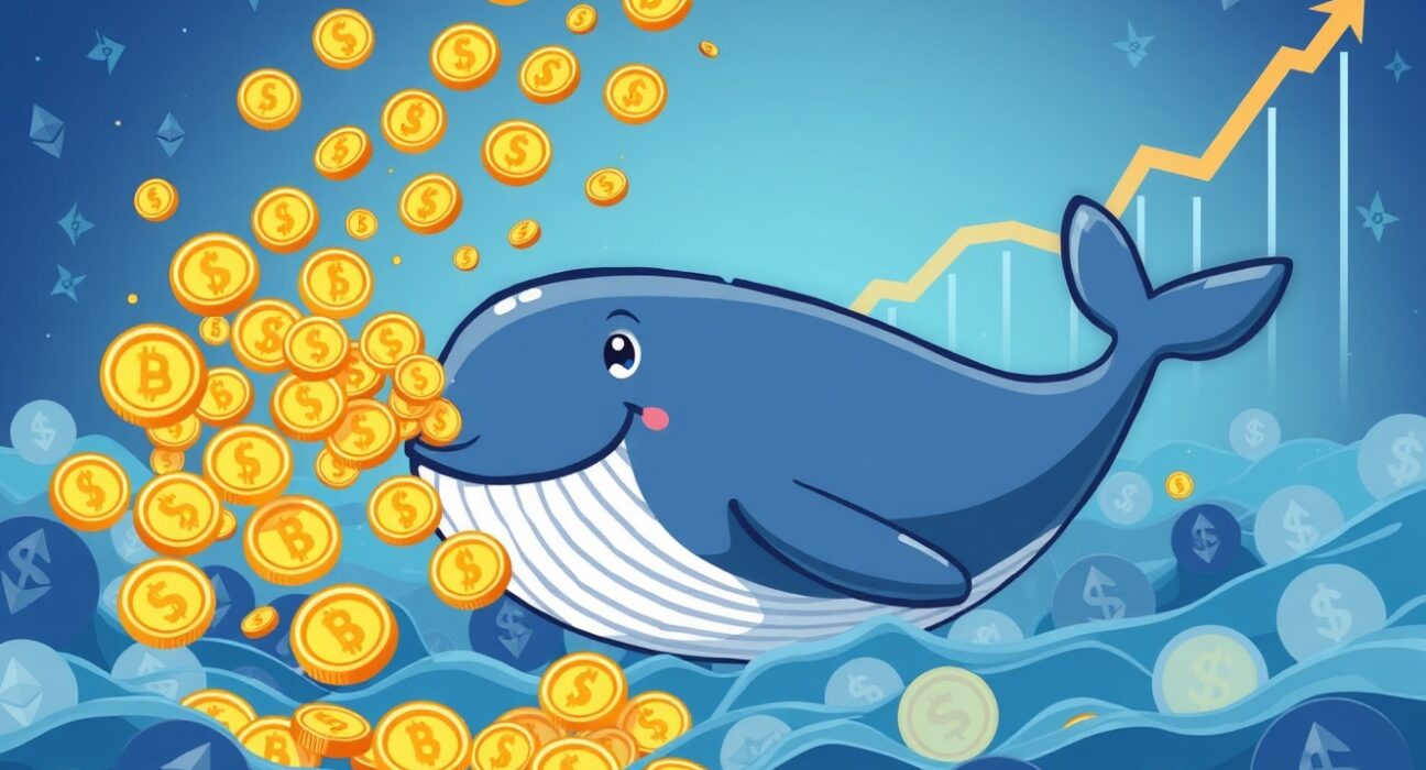 An Ethereum ICO whale character celebrating a massive profit in a vibrant crypto ocean.