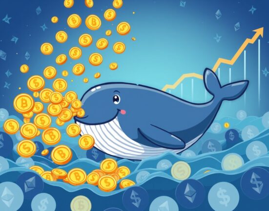 An Ethereum ICO whale character celebrating a massive profit in a vibrant crypto ocean.