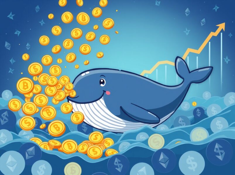 An Ethereum ICO whale character celebrating a massive profit in a vibrant crypto ocean.