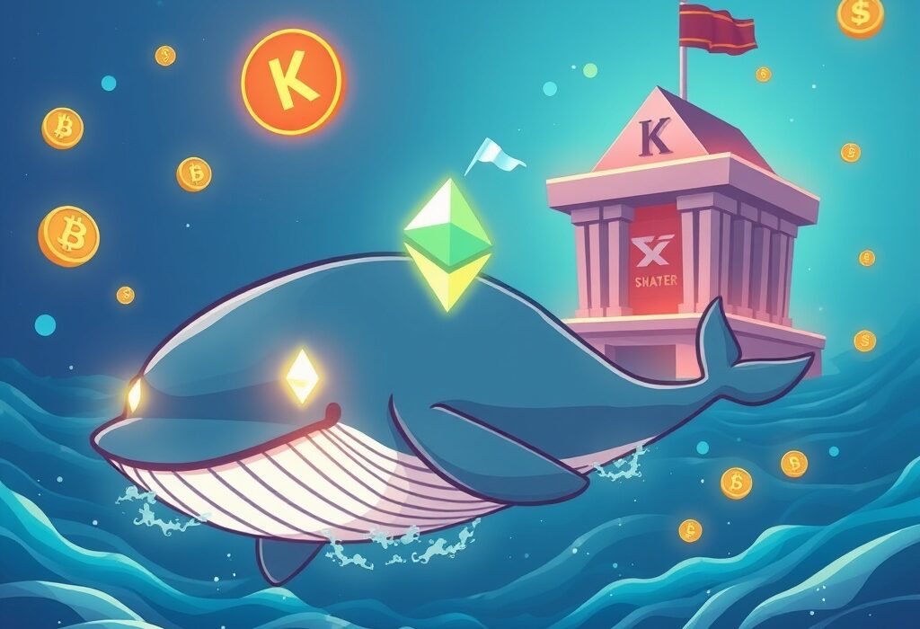 A cartoon illustration of an Ethereum ICO whale making a significant transfer to a crypto exchange, symbolizing market movement.