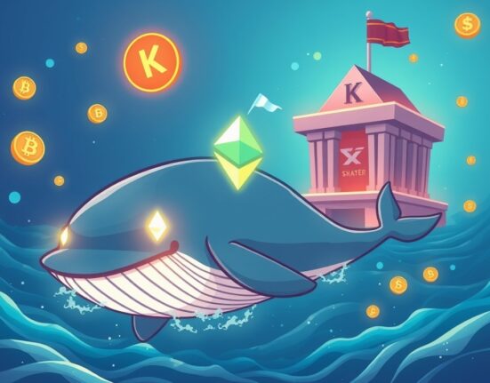 A cartoon illustration of an Ethereum ICO whale making a significant transfer to a crypto exchange, symbolizing market movement.