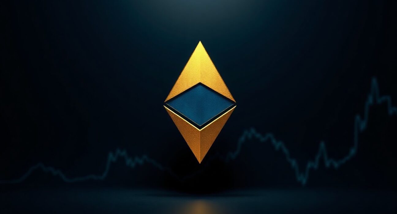 Ethereum logo symbol with upward price chart lines on dark background
