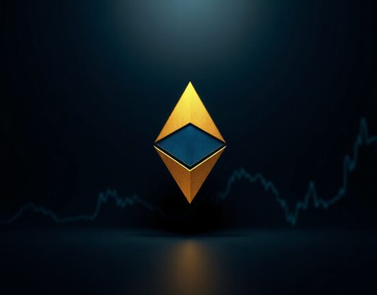 Ethereum logo symbol with upward price chart lines on dark background