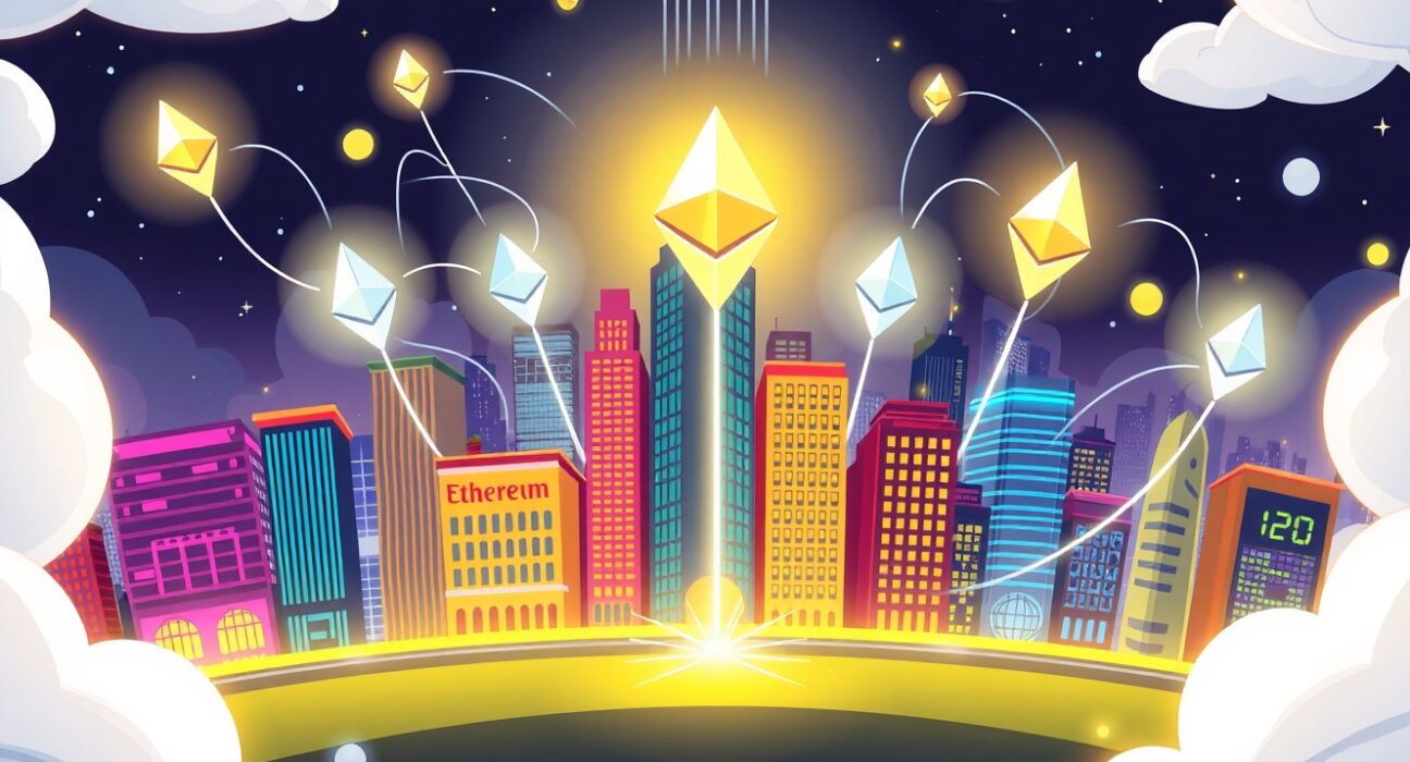 Ethereum infrastructure connecting traditional finance to digital networks in vibrant cartoon style