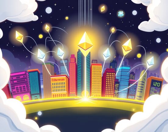 Ethereum infrastructure connecting traditional finance to digital networks in vibrant cartoon style