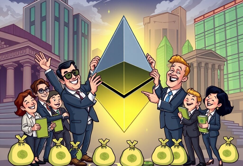 Illustration of Ethereum institutional adoption, showing a surge in investments from firms and ETFs, indicating market growth.