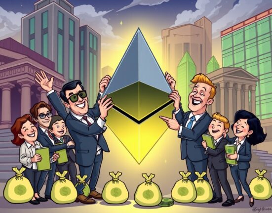 Illustration of Ethereum institutional adoption, showing a surge in investments from firms and ETFs, indicating market growth.