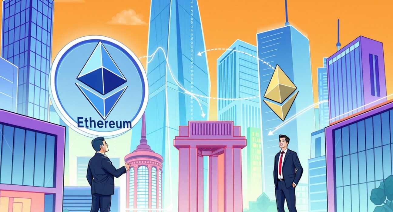 A cartoon illustrating seamless Ethereum institutional adoption, showing businesses connecting to the blockchain for enterprise solutions.