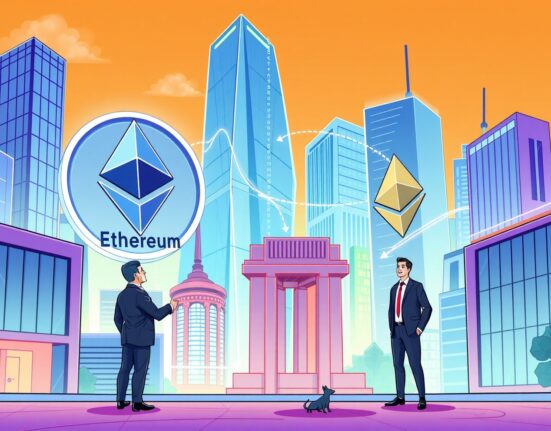 A cartoon illustrating seamless Ethereum institutional adoption, showing businesses connecting to the blockchain for enterprise solutions.