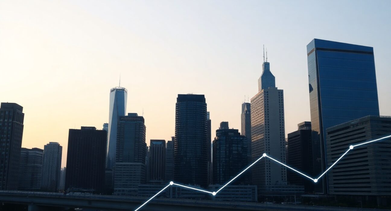 Modern financial district skyline at dusk with abstract digital network overlay representing Ethereum institutional demand