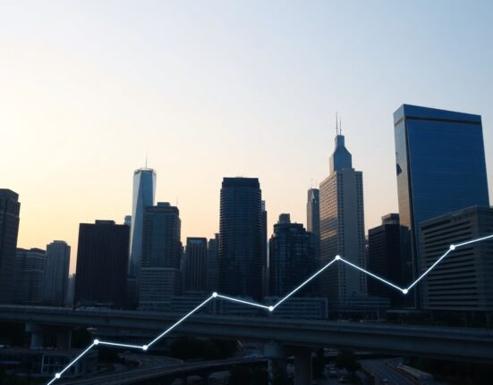 Modern financial district skyline at dusk with abstract digital network overlay representing Ethereum institutional demand