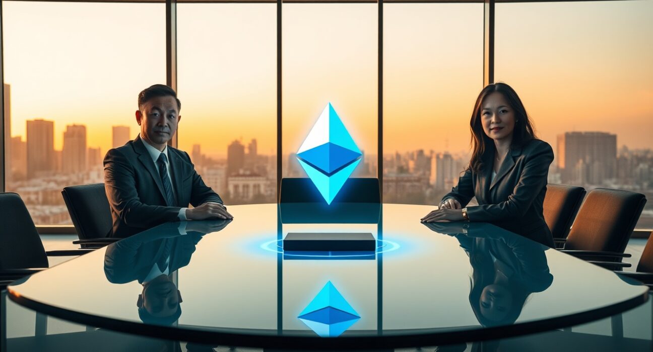 Professionals in a boardroom with a holographic Ethereum logo, representing institutional adoption.
