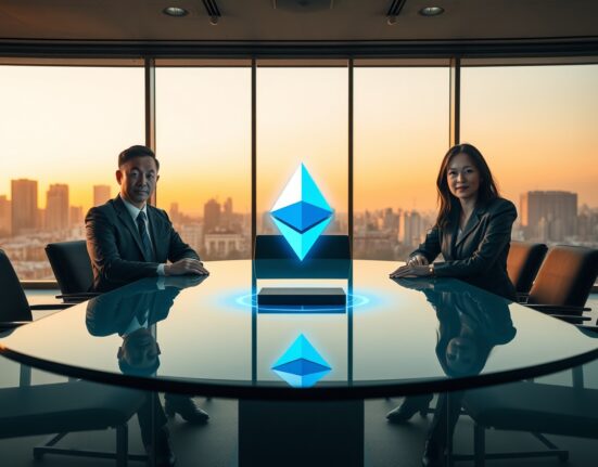 Professionals in a boardroom with a holographic Ethereum logo, representing institutional adoption.