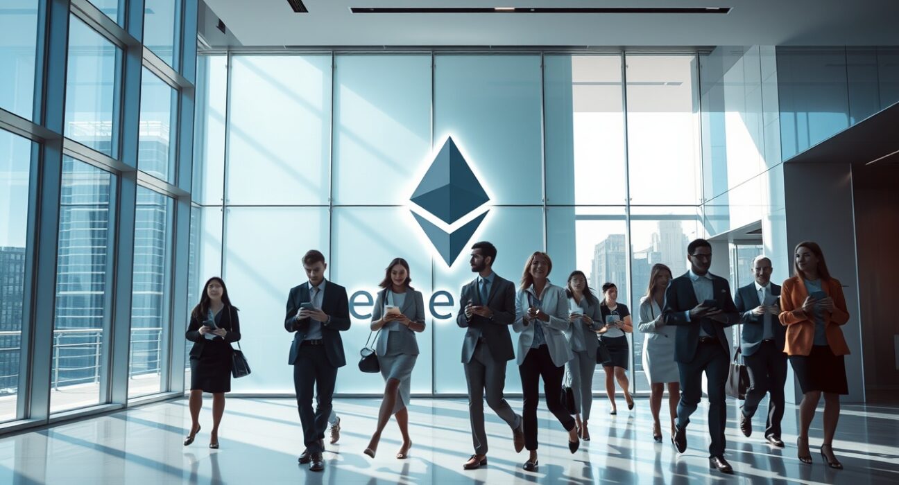Professionals walking through a modern lobby with a glowing Ethereum logo on the wall