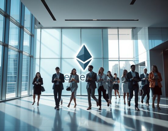 Professionals walking through a modern lobby with a glowing Ethereum logo on the wall
