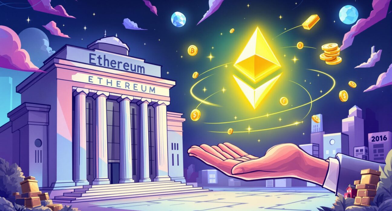 A cartoon illustration depicting strong Ethereum institutional interest, with large financial entities embracing ETH and its underlying technologies.