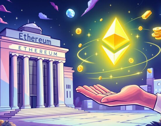 A cartoon illustration depicting strong Ethereum institutional interest, with large financial entities embracing ETH and its underlying technologies.