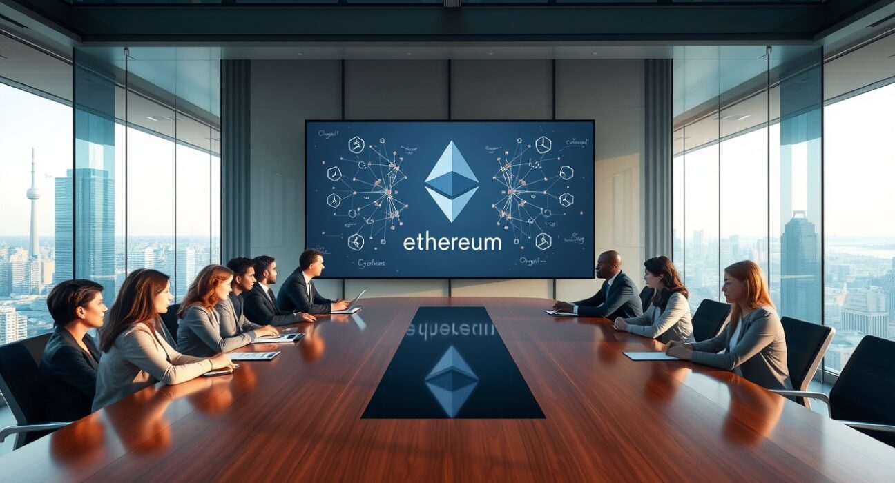 Professionals in a boardroom viewing an Ethereum blockchain presentation on a large screen
