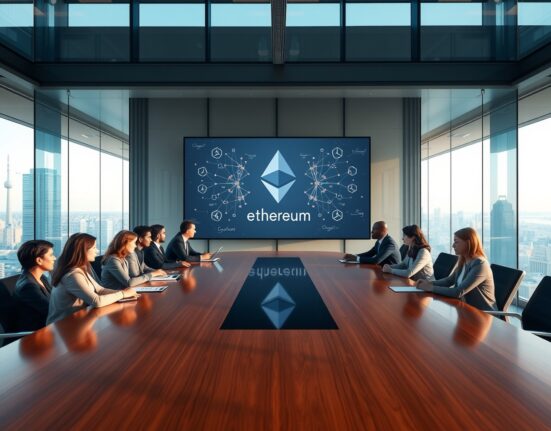 Professionals in a boardroom viewing an Ethereum blockchain presentation on a large screen