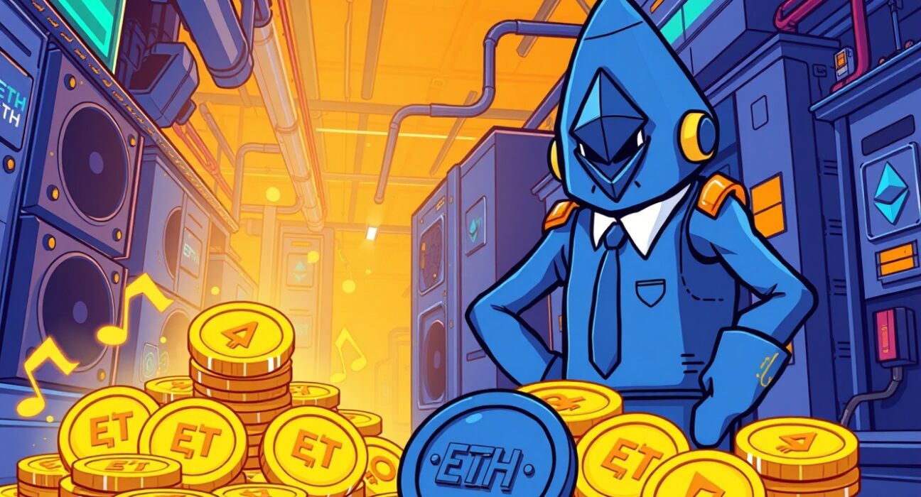 A cartoon illustration of Bitmine's strategic Ethereum investment, showing growth in digital assets.