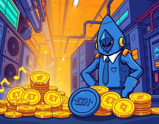 A cartoon illustration of Bitmine's strategic Ethereum investment, showing growth in digital assets.