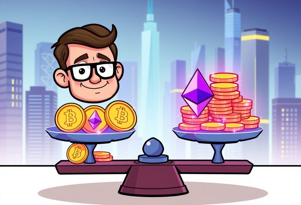 A cartoon illustration showing a strategic Ethereum investment by a Bitcoin OG, balancing Bitcoin and Ethereum assets.