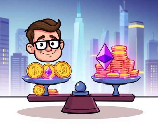 A cartoon illustration showing a strategic Ethereum investment by a Bitcoin OG, balancing Bitcoin and Ethereum assets.