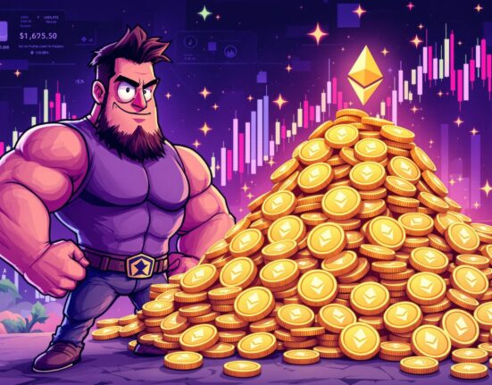 A cartoon illustration showing the significant scale of an Ethereum investment, representing large capital flowing into the crypto market.