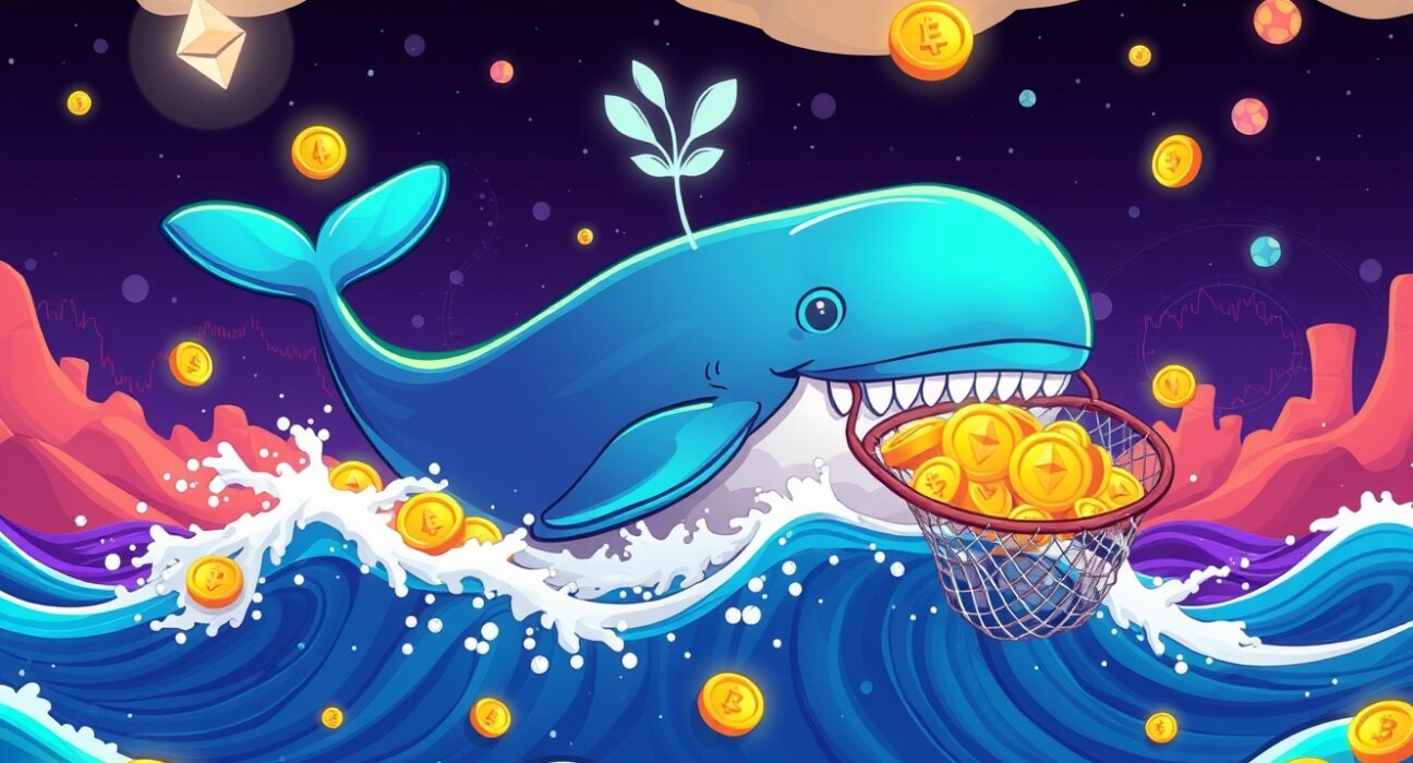 Ethereum investor whale collecting digital coins in blockchain ocean