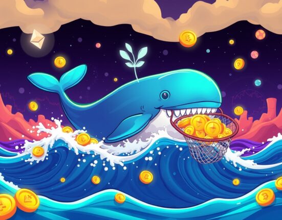 Ethereum investor whale collecting digital coins in blockchain ocean