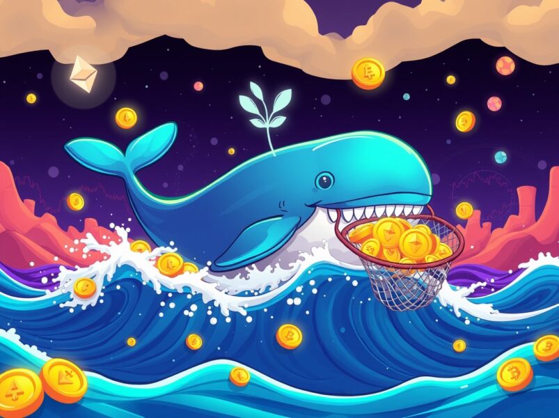 Ethereum investor whale collecting digital coins in blockchain ocean